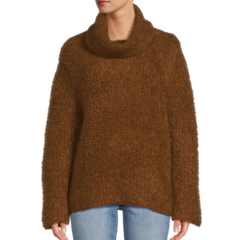 Theory Fold-Over Neckline Pullover Teddy Sweater, Bright Cocoa Brown
